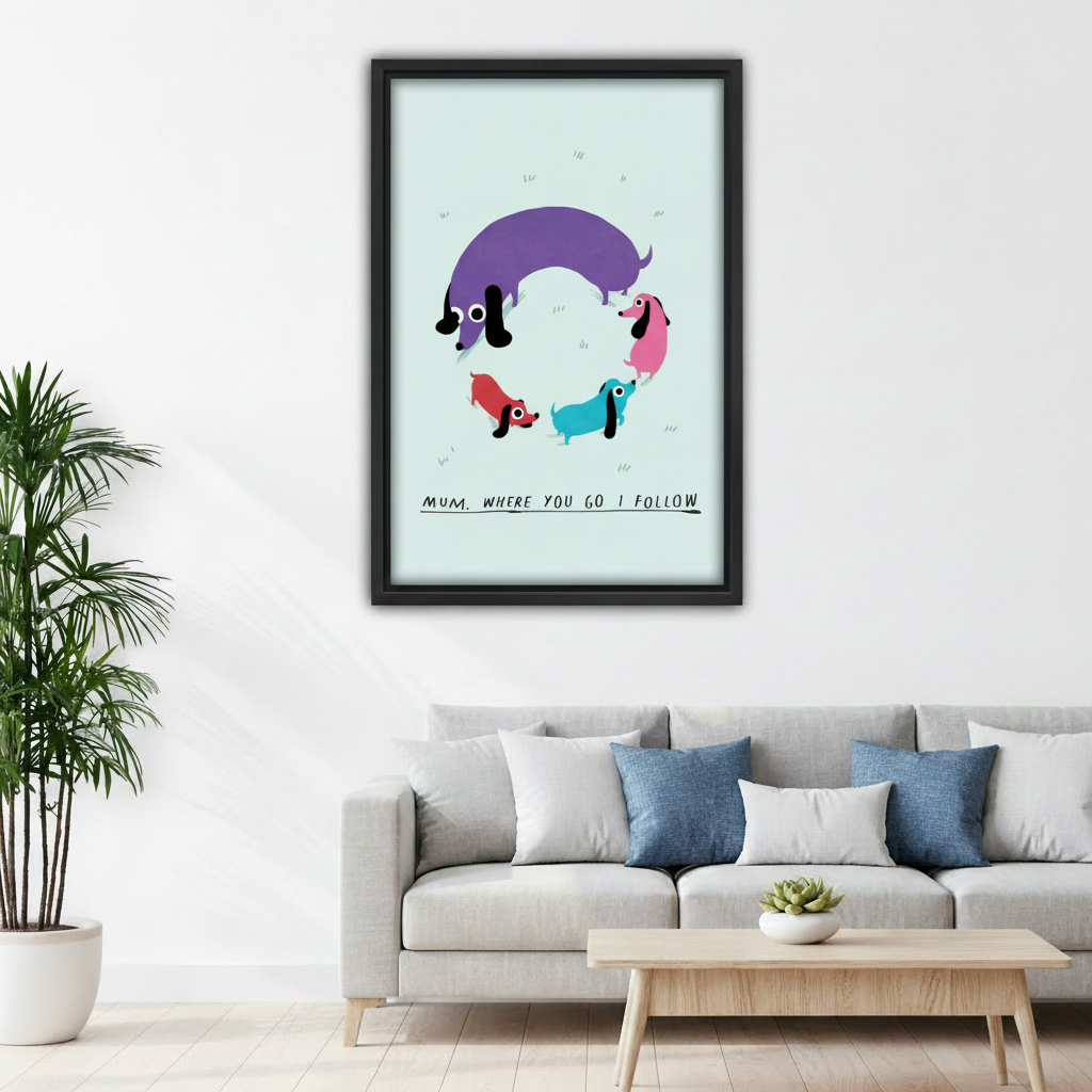 Dachshund family framed canvas wall art above gray sofa — colorful whimsical dog print for modern living room decor