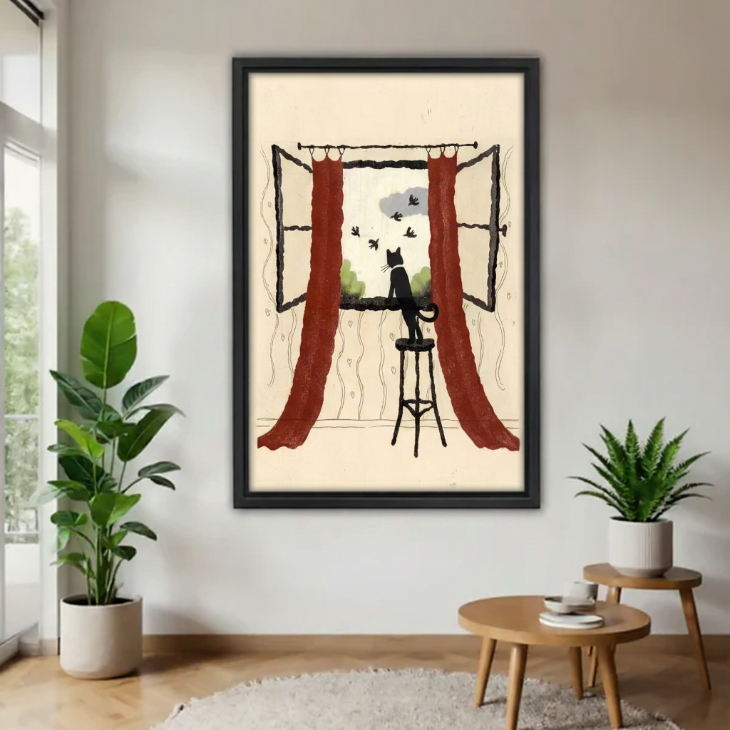 Black cat by the window wall art framed canvas print — vintage illustration of cat watching birds through open window with red curtains