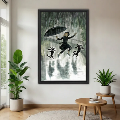 Girl dancing in rain with cats whimsical framed canvas wall art — anime-style girl with umbrella and two black cats, black frame, living room decor