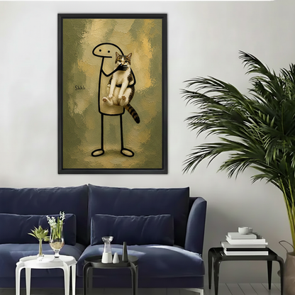 Shhh cat wall art – whimsical oil painting of a cat making a silence gesture, black framed canvas print, funny home decor
