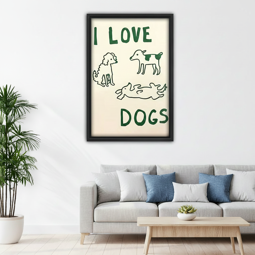 Funny I Love Dogs hand-drawn dog print, black frame, children bedroom wall art, playful pet lover decor