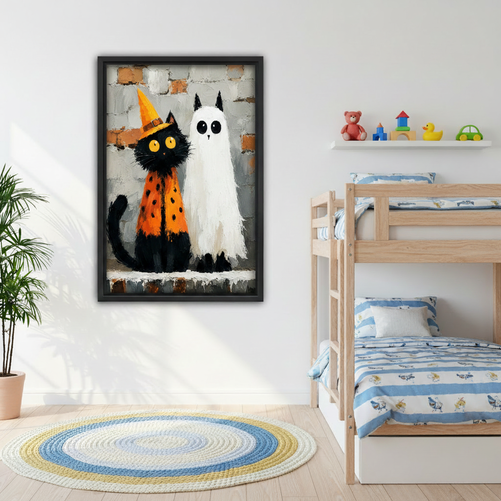 Halloween black cat ghost canvas wall art, living room sofa wall, spooky seasonal home decor
