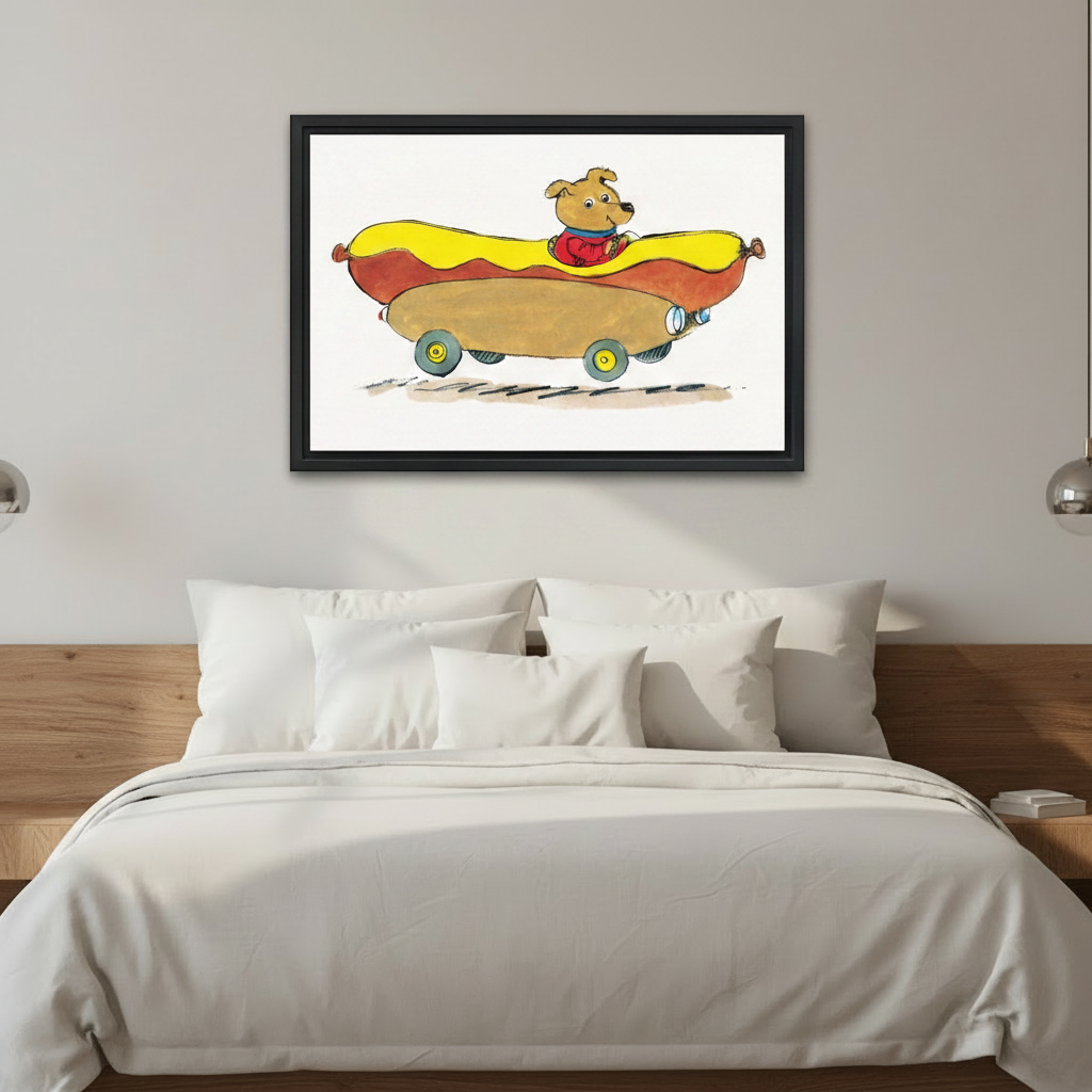 Funny dog hot dog car whimsical canvas print — woman holding framed art in a bright modern interior