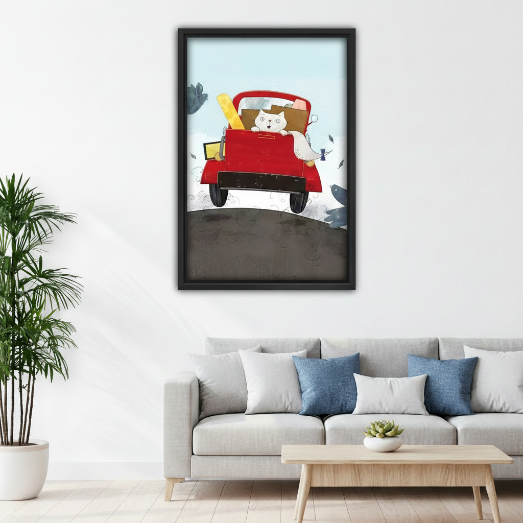 Cute cat on red truck whimsical canvas art in kids bedroom — colorful moving day cat illustration, fun wall decor for children's room