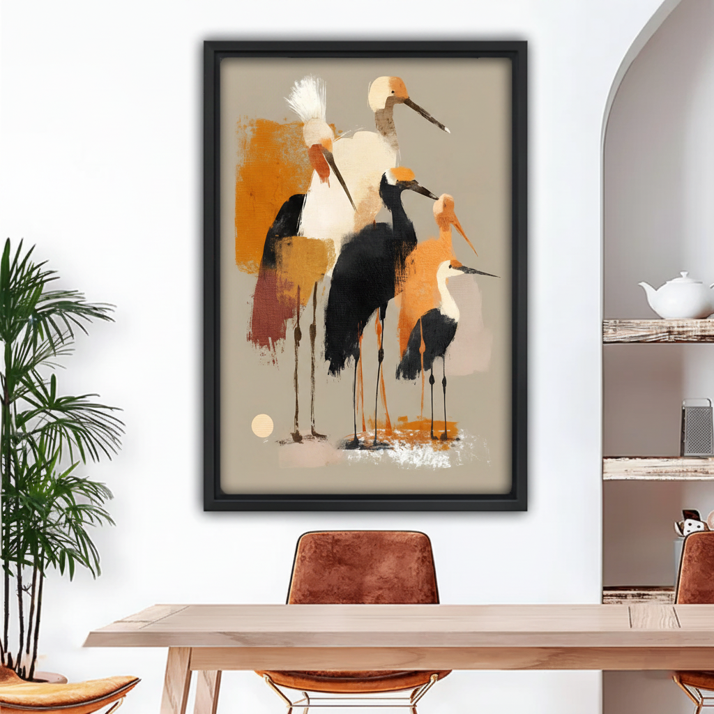 Abstract crane birds warm gold painterly framed canvas wall art in black frame above dining table