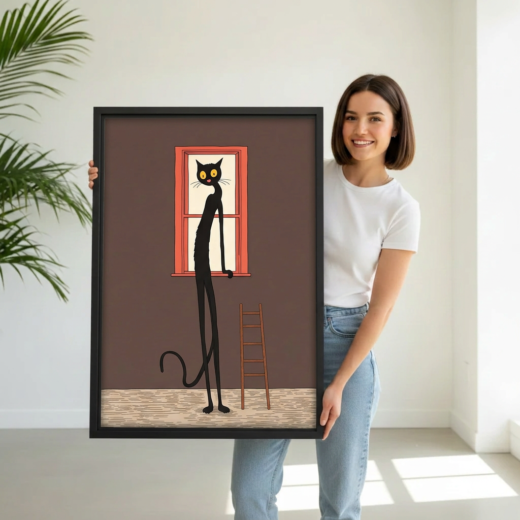 Whimsical Long-Legged Black Cat Canvas Wall Art | Framed & Unframed l4934