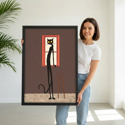 Whimsical Long-Legged Black Cat Canvas Wall Art | Framed & Unframed l4934