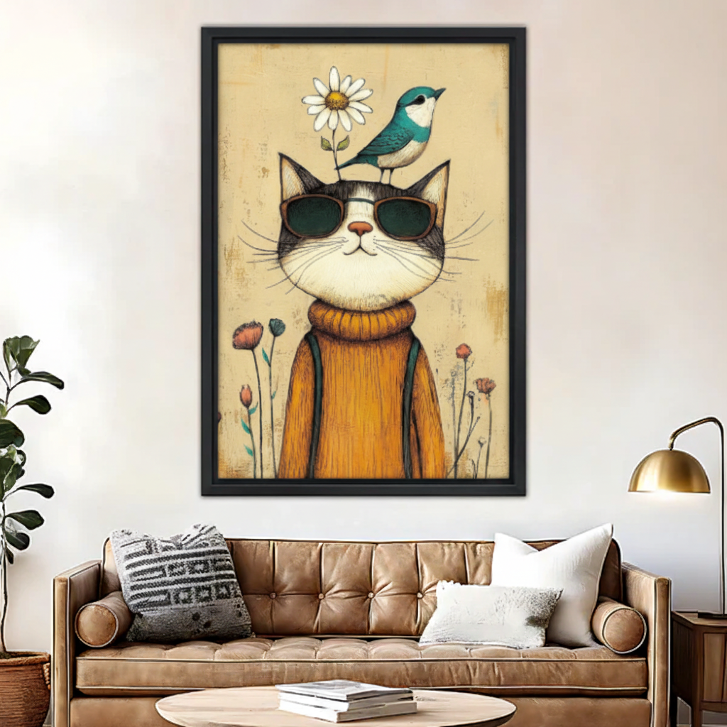 Cool cat with sunglasses vintage framed canvas wall art above leather sofa in living room