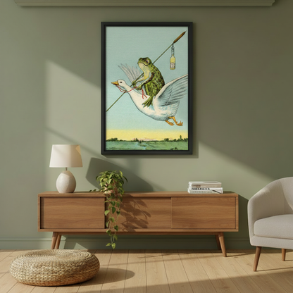 Gallery wrap frog riding goose vintage print above leather sofa