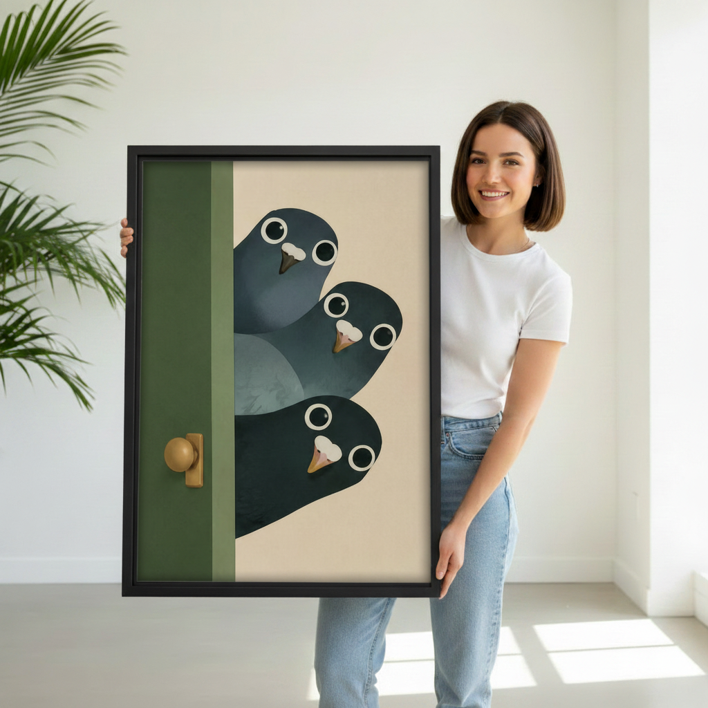 Woman pointing at three pigeons peeking door canvas wall art – black frame flat illustration in hallway