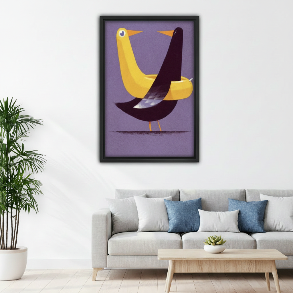 Bold purple and yellow bird canvas wall art displayed above gray sofa in Scandinavian living room