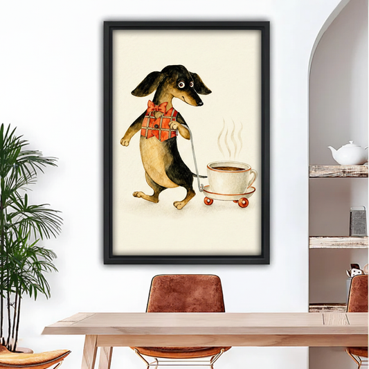 Funny dachshund pulling coffee cup watercolor framed canvas wall art above dining table, cute dog in red vest bow tie home decor