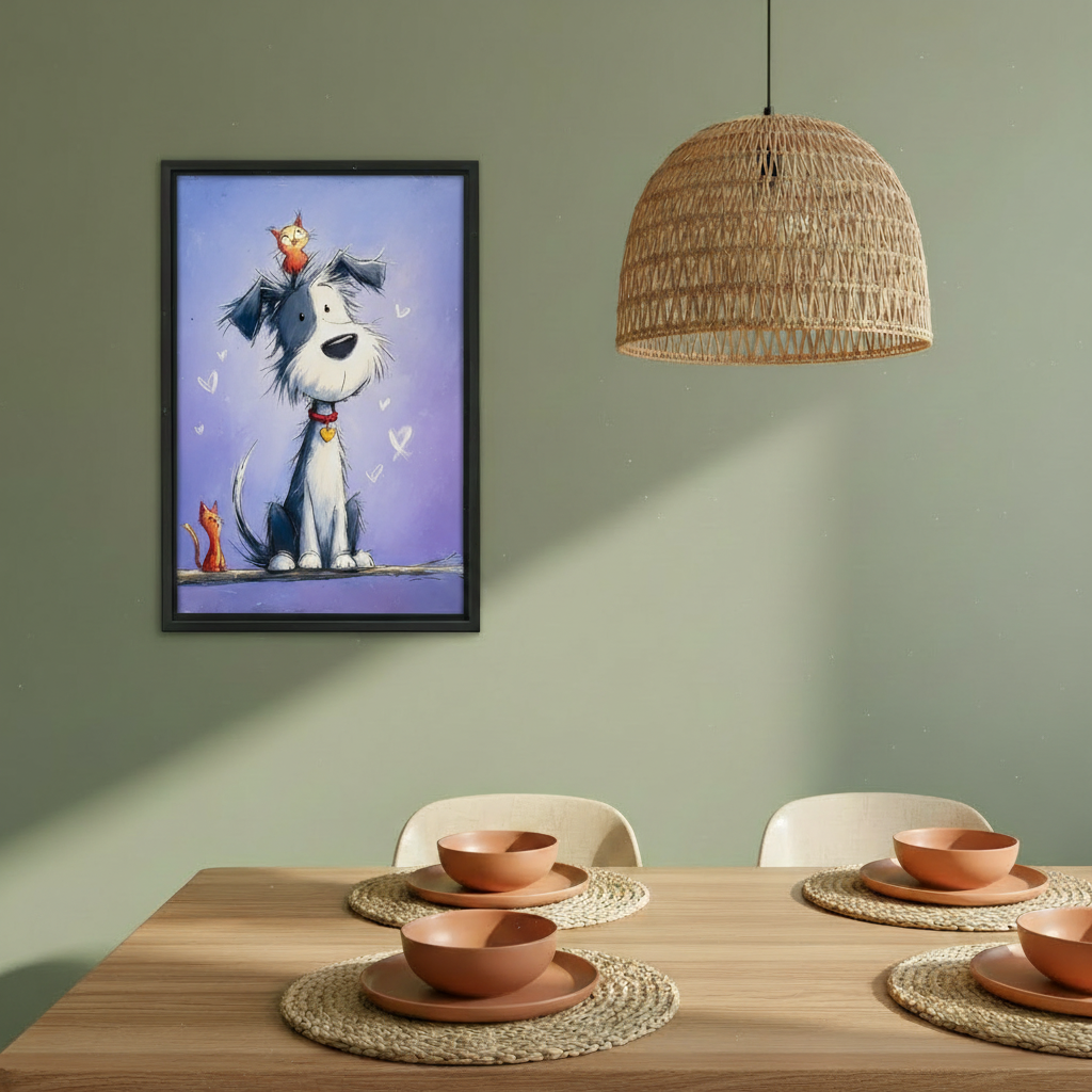 Whimsical dog and cat friendship canvas print displayed in home, sweet cartoon pet wall art
