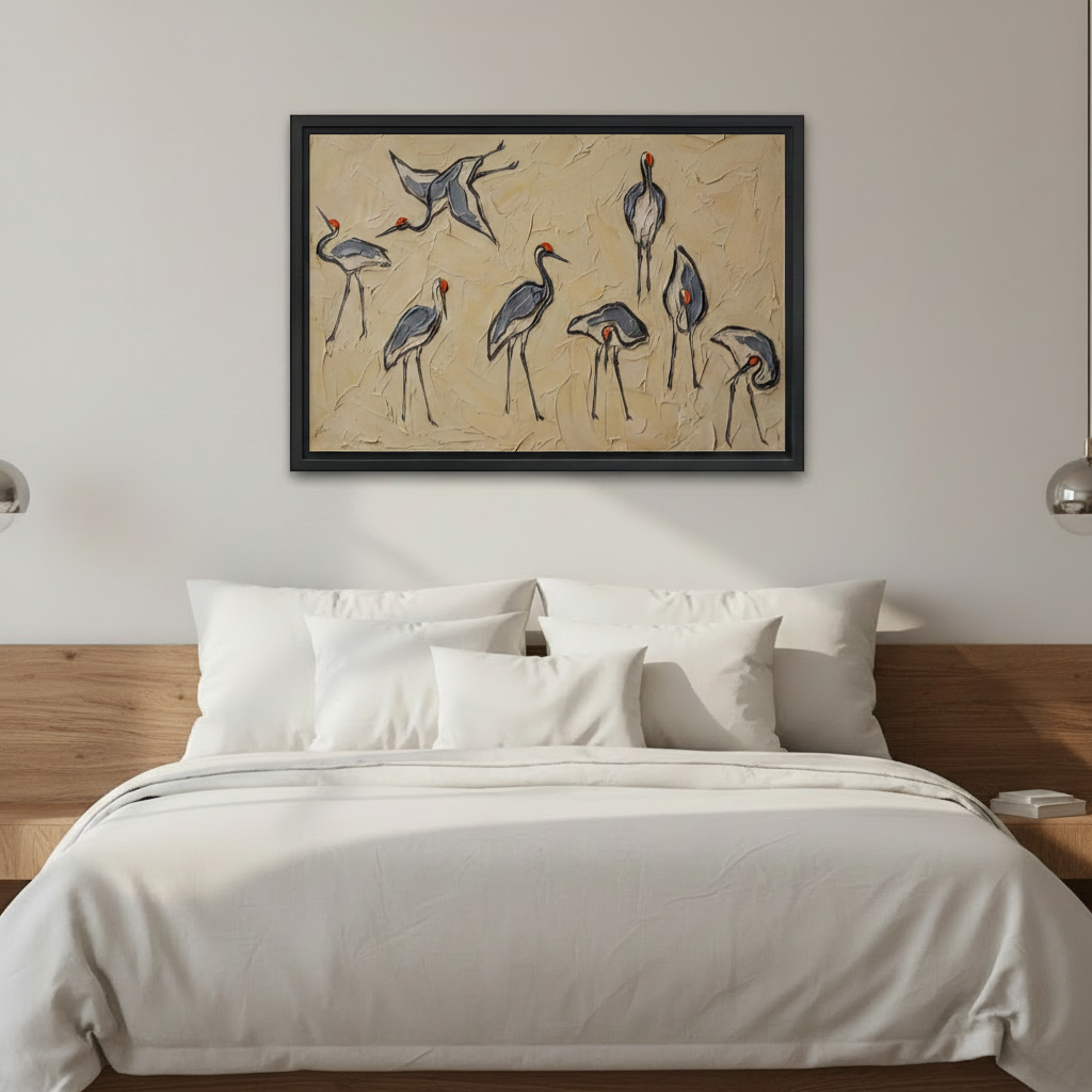 Red-crowned crane canvas wall art hung above bed in serene bedroom, textured palette knife bird print, elegant nature decor