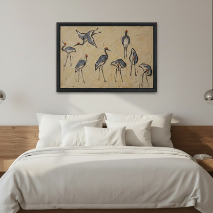 Red-crowned crane canvas wall art hung above bed in serene bedroom, textured palette knife bird print, elegant nature decor