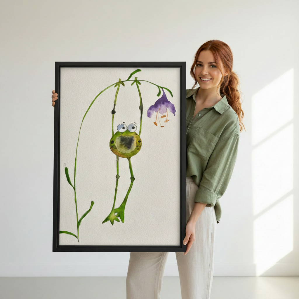 Whimsical frog watercolor wall art print — woman holding framed canvas with funny frog illustration, perfect nature lover gift