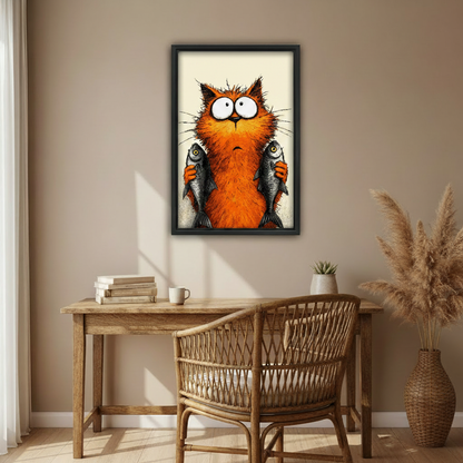 Cat lover gift canvas print, funny orange cat with fish, framed wall art decor