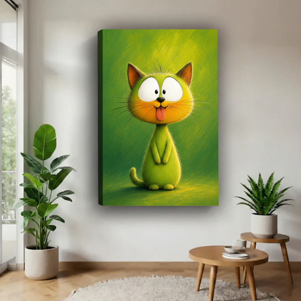 Gallery wrap canvas of quirky green cat illustration on minimalist white wall