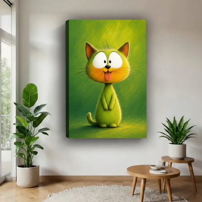 Gallery wrap canvas of quirky green cat illustration on minimalist white wall