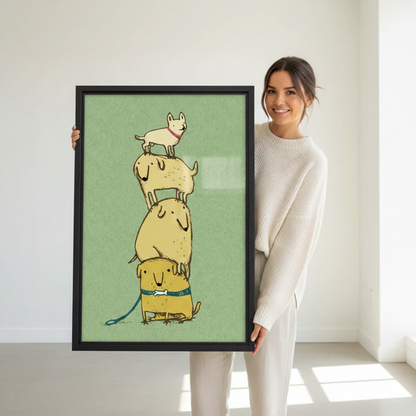 Stacked dogs green background canvas print, humorous kids room wall art