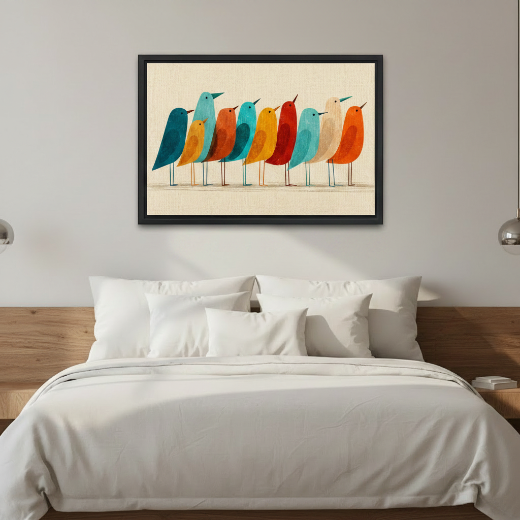 Mid-century modern colorful birds framed canvas wall art above bed in bright bedroom, retro home decor