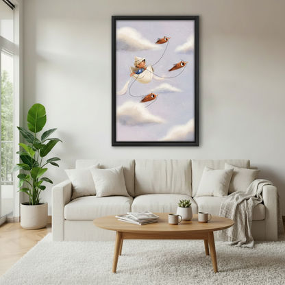 Fantasy boy paper boat birds canvas wall art in black frame in cozy bedroom — dreamy whimsical cloud illustration above bed