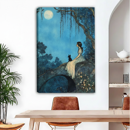 Moonlit girl sitting with black cat canvas wall art, frameless gallery wrap, romantic blue night vintage illustration with stone bridge and flowers, hung in a bright dining room with indoor plants