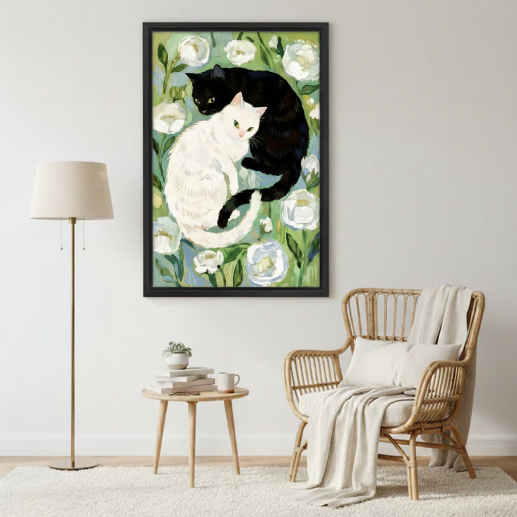 Black and white cat canvas print – folk art floral design, perfect for living room wall decor