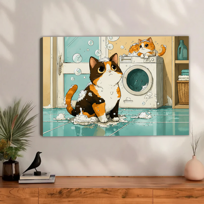 Humorous cat illustration print, two cats playing in washing machine bubbles, anime style wall art