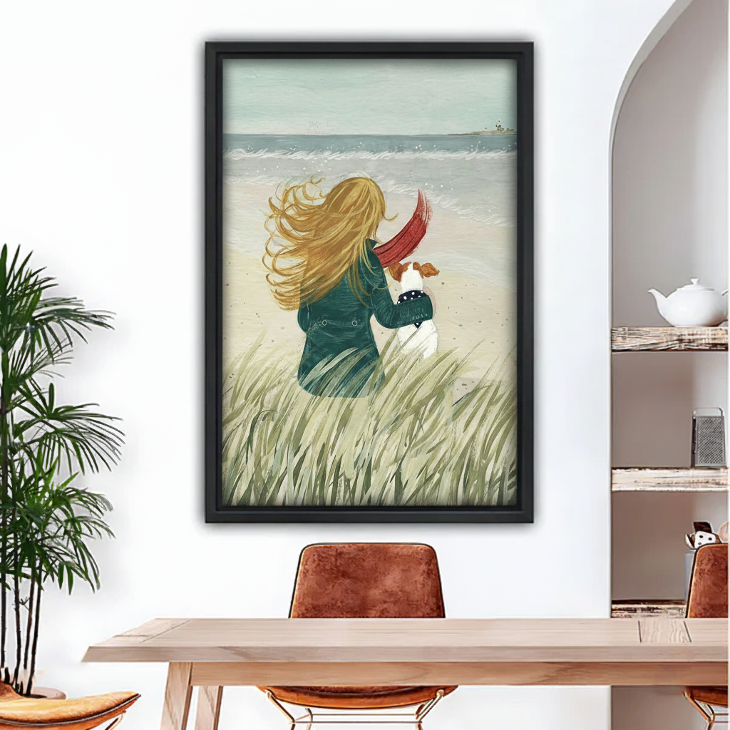 Framed canvas print of a girl holding her dog by the sea – romantic coastal wall art for beach house decor