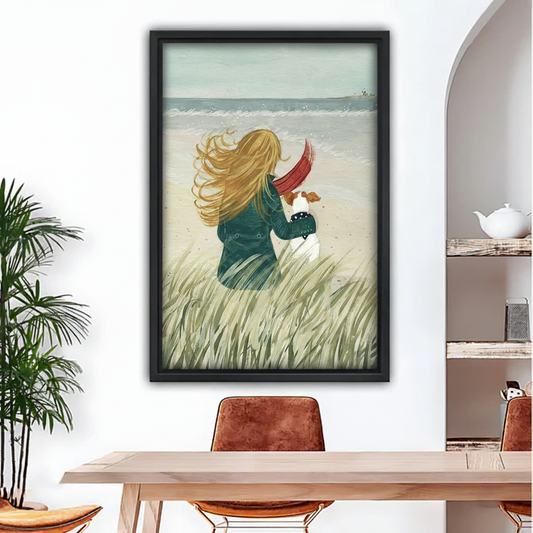 Framed canvas print of a girl holding her dog by the sea – romantic coastal wall art for beach house decor
