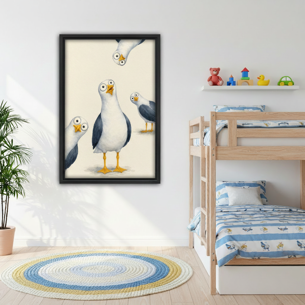 Funny framed canvas art print featuring quirky cartoon seagulls cream background