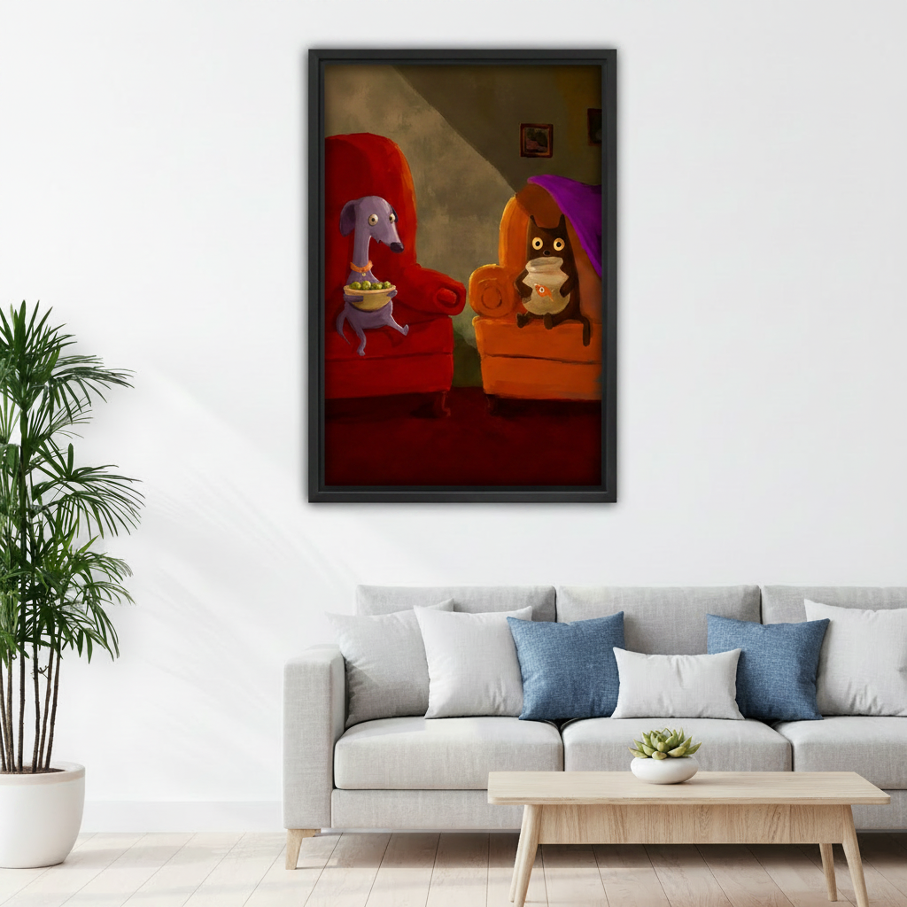 Whimsical dog cat movie night wall art print in cozy bedroom above bed, funny animated pet canvas decor for cheerful living space