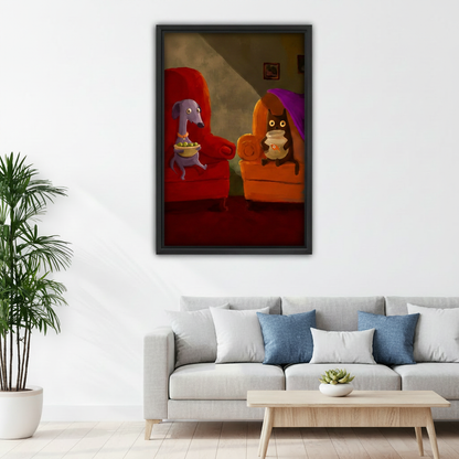 Whimsical dog cat movie night wall art print in cozy bedroom above bed, funny animated pet canvas decor for cheerful living space