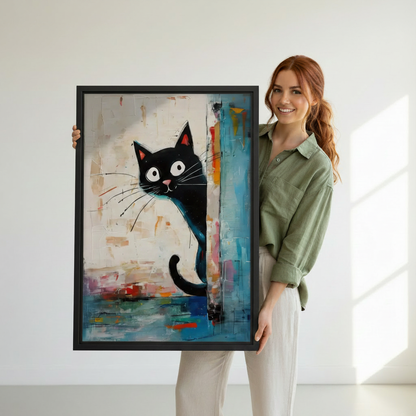 Peeking black cat wall art canvas print — woman holding framed abstract cat painting, perfect cat lover home decor gift