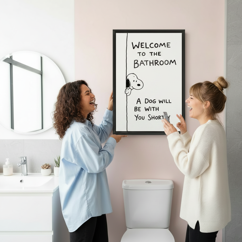 Woman holding funny dog bathroom wall art framed canvas – humorous dog print gift for dog lovers