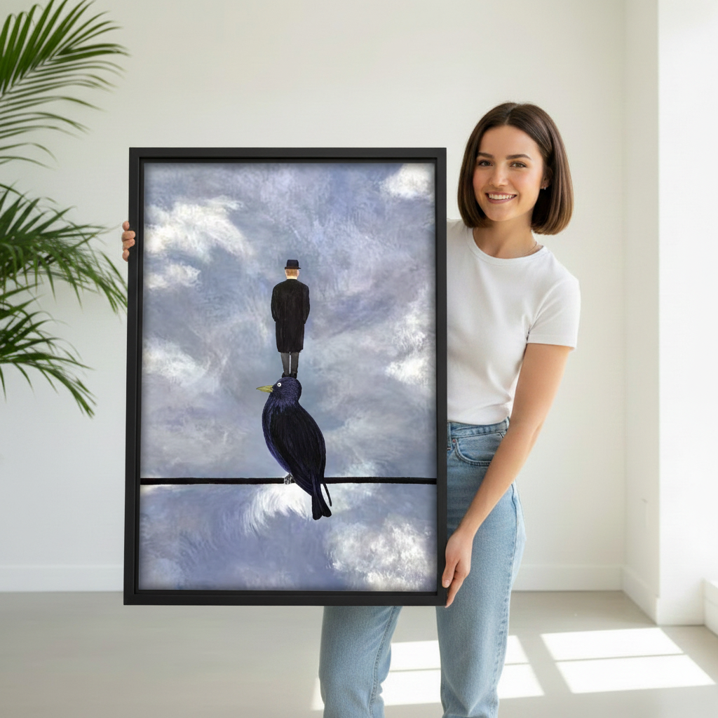 Woman holding surreal man standing on crow cloudy sky framed canvas wall art print showing size