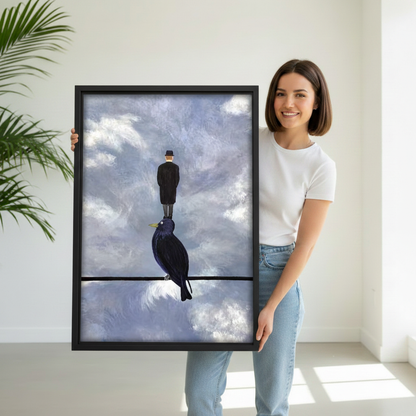 Woman holding surreal man standing on crow cloudy sky framed canvas wall art print showing size
