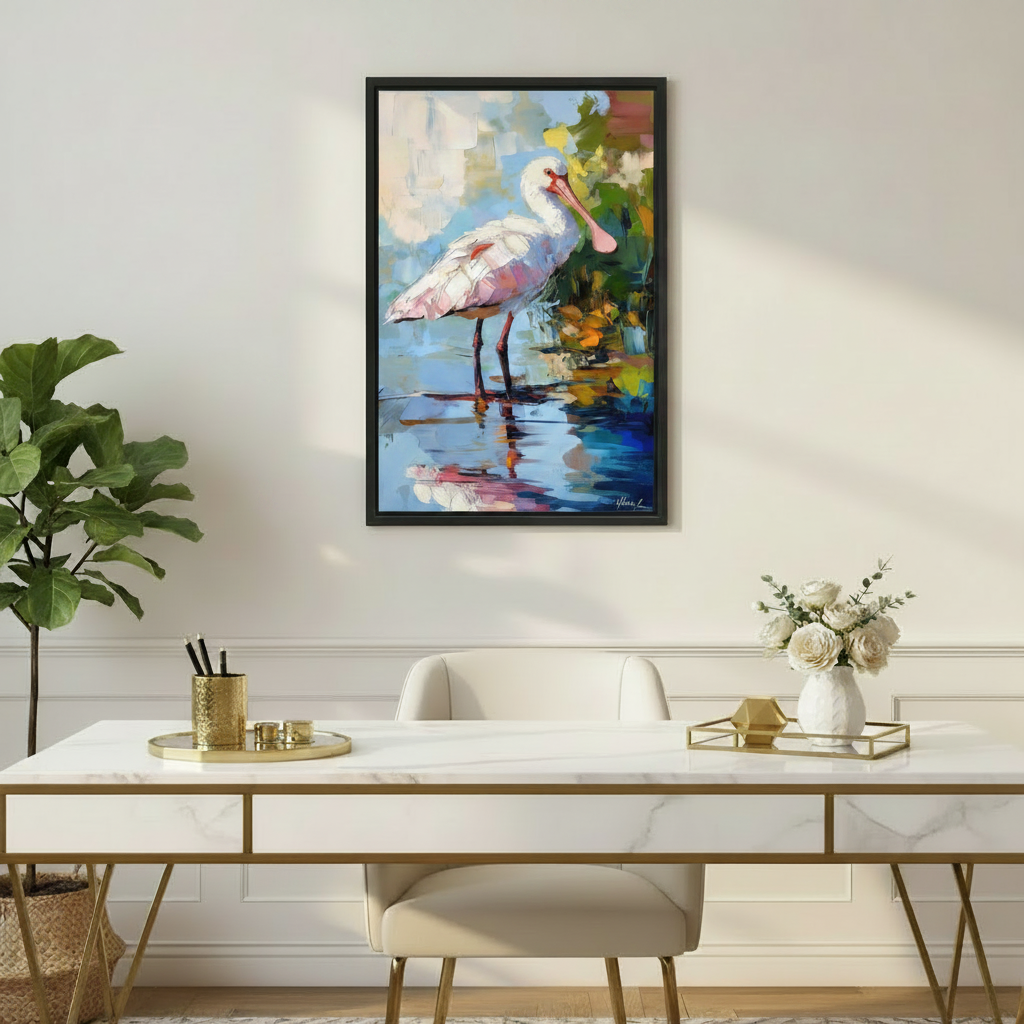 Roseate spoonbill bird canvas wall art in black frame above marble desk in elegant home office, impasto oil painting decor