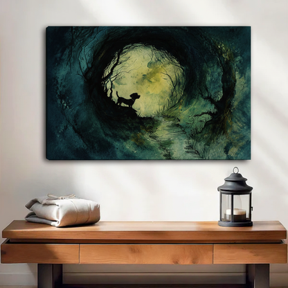 Gallery wrap canvas print of a dog silhouette in glowing moonlit forest watercolor art, living room dark fantasy wall decor