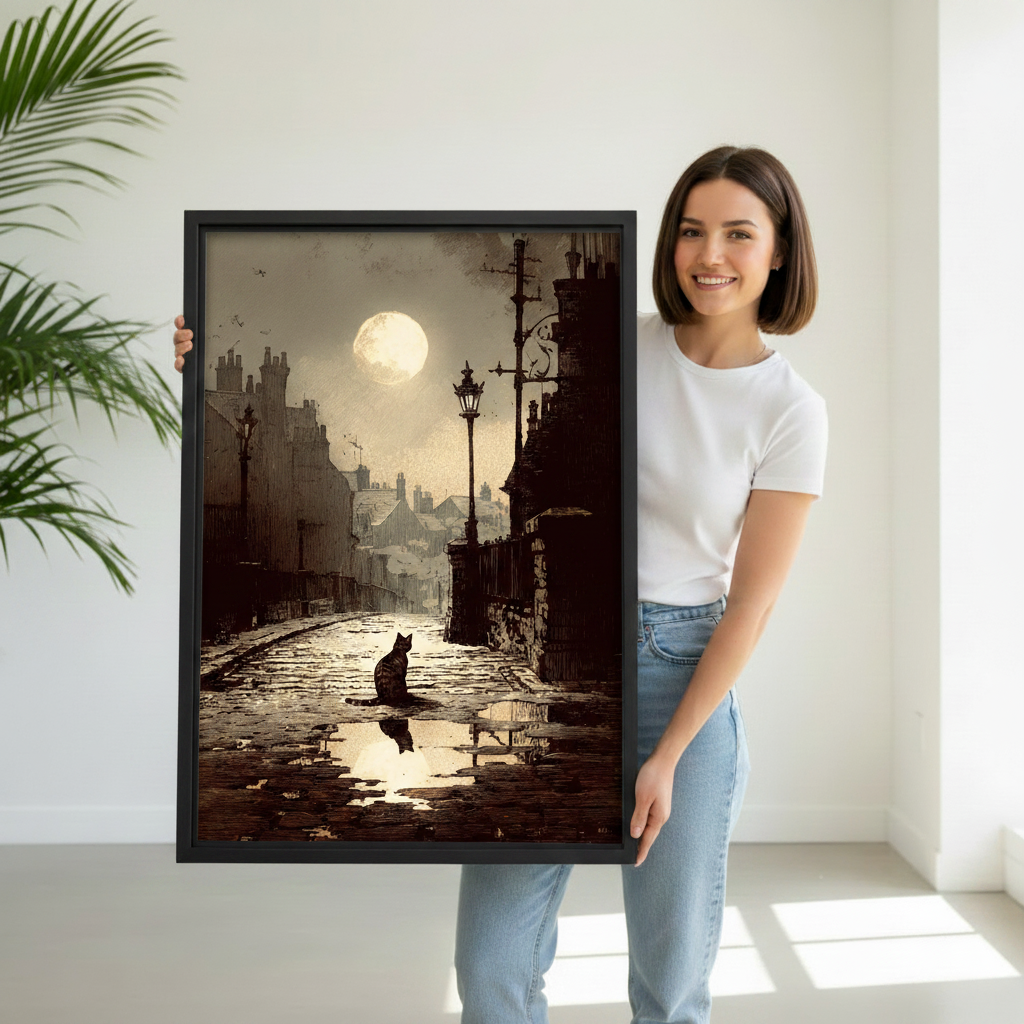 Woman holding gothic black cat moonlit street vintage framed canvas wall art print