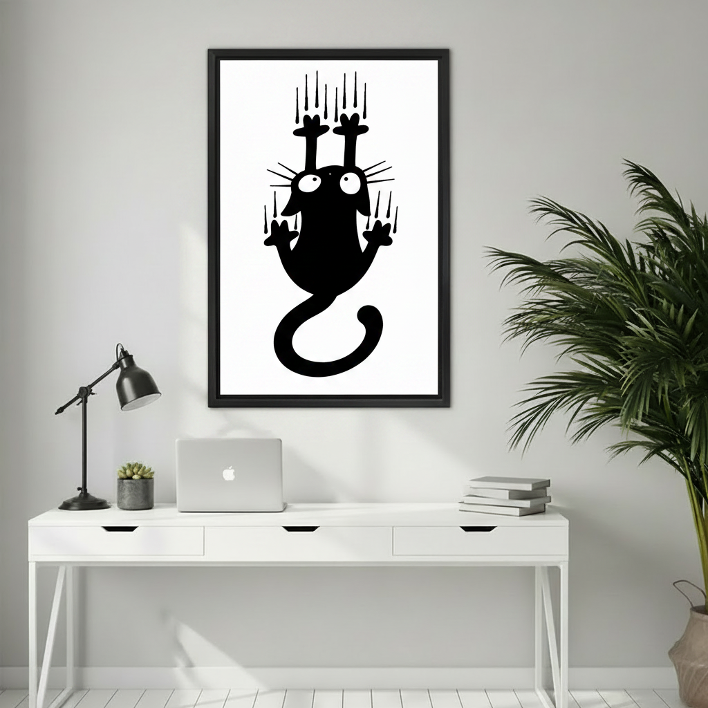 Black cat scratching wall minimalist canvas wall art above white desk, funny home office decor print