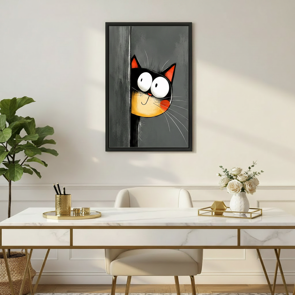 Black cat peeking wall art in black frame above marble desk, cat lover decor