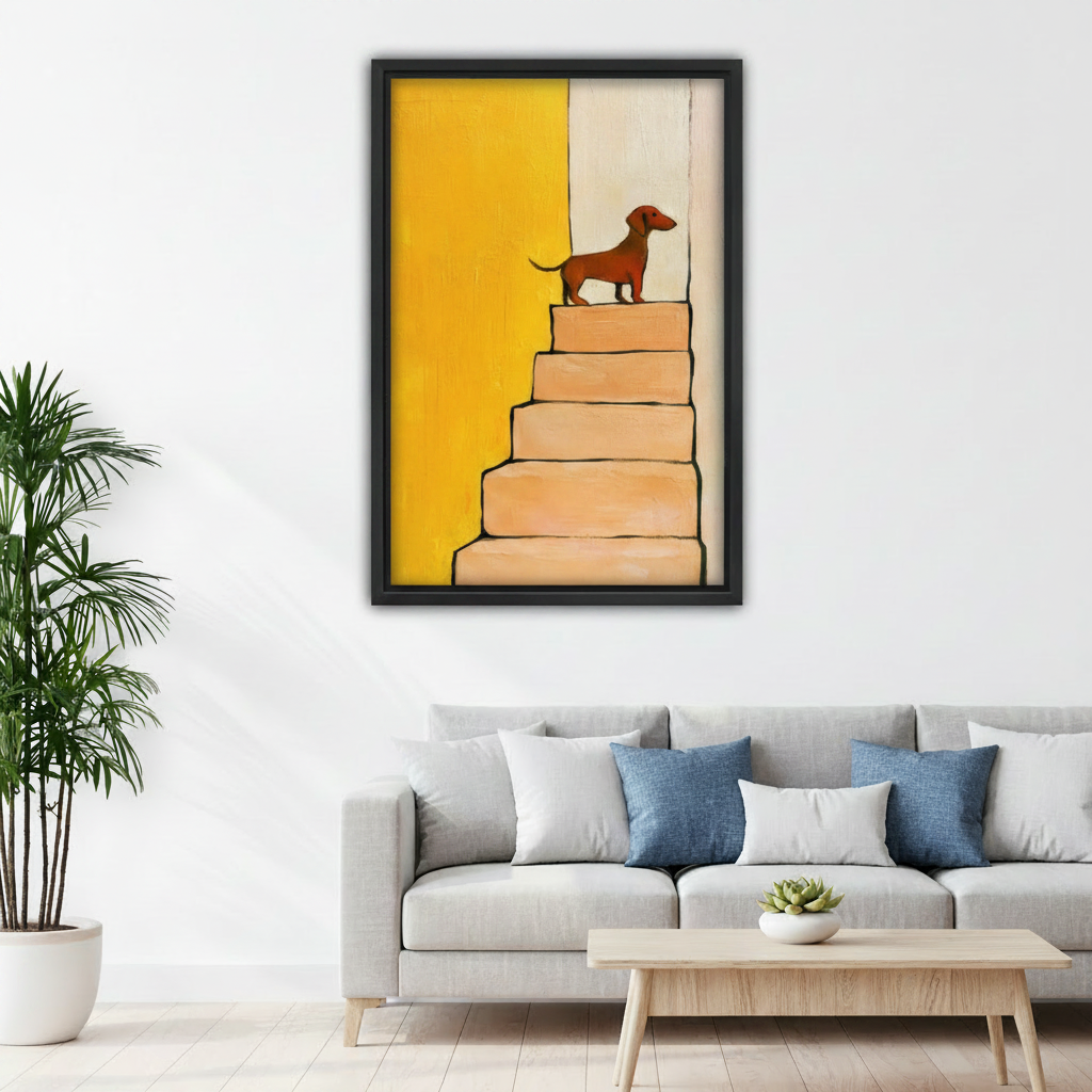 Framed canvas art print featuring dachshund on five steps