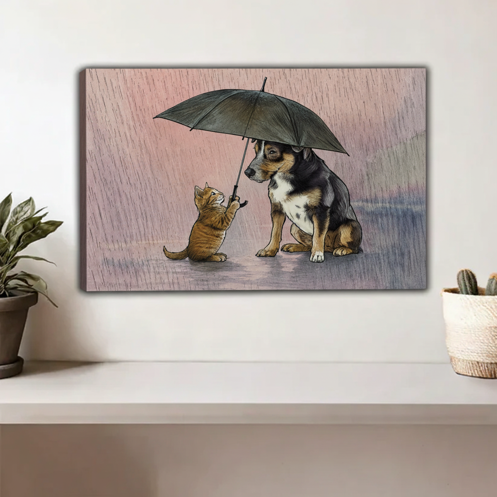 Cat and Dog Rainy Day Canvas Wall Art - Emotional Pet Art Print for Gallery Wall