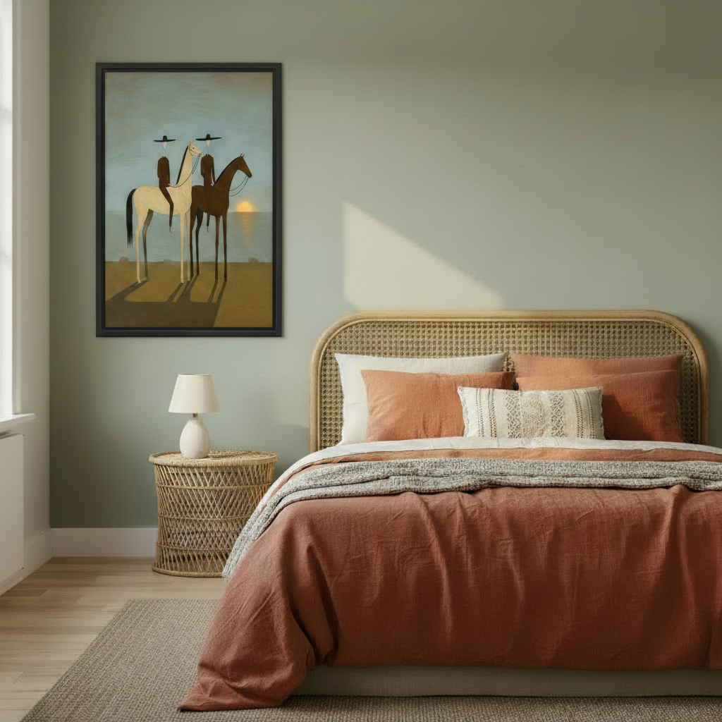 Surrealist desert riders canvas print hanging in cozy bedroom, minimalist two riders on horseback wall art above bed