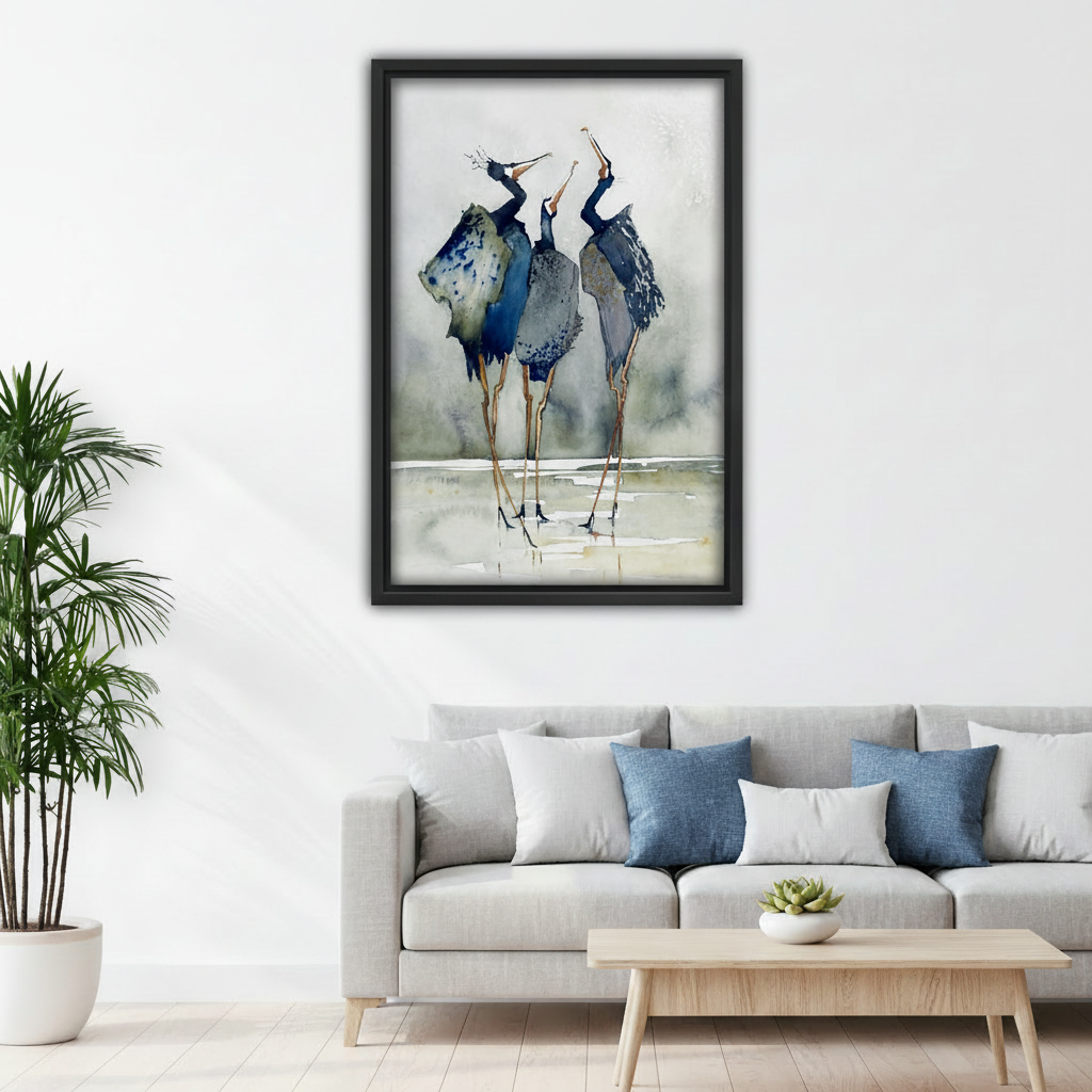 Elegant watercolor heron framed canvas print adding calm nature-inspired beauty to bedroom wall