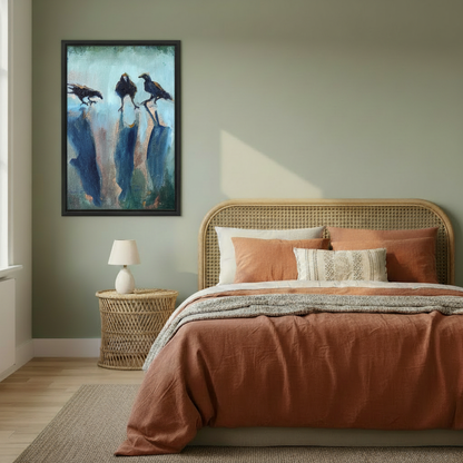 Three ravens framed canvas art hanging in modern living room — teal oil painting bird wall decor above sofa