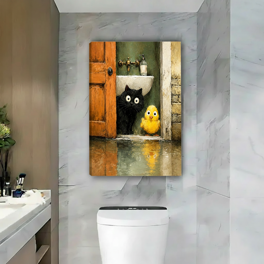 Whimsical cat and chick canvas art print no frame mounted on marble bathroom wall