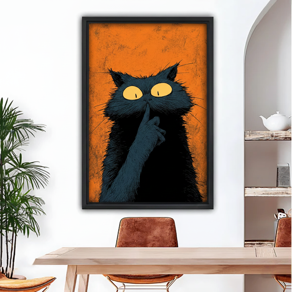 Funny shushing black cat pop art framed canvas wall art, black frame, bold yellow-eyed cat with finger to lips on orange background, displayed in a modern dining room